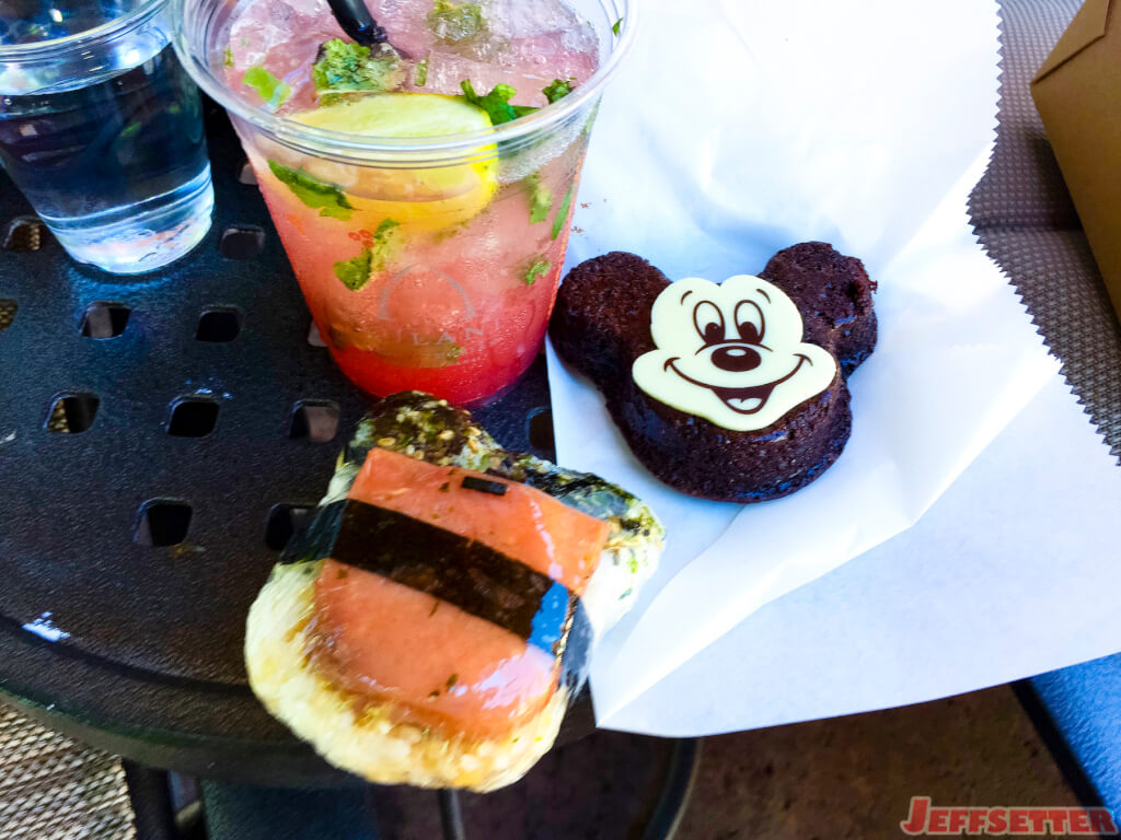 Mickey Spam musubi, brownie, and poolside beverage