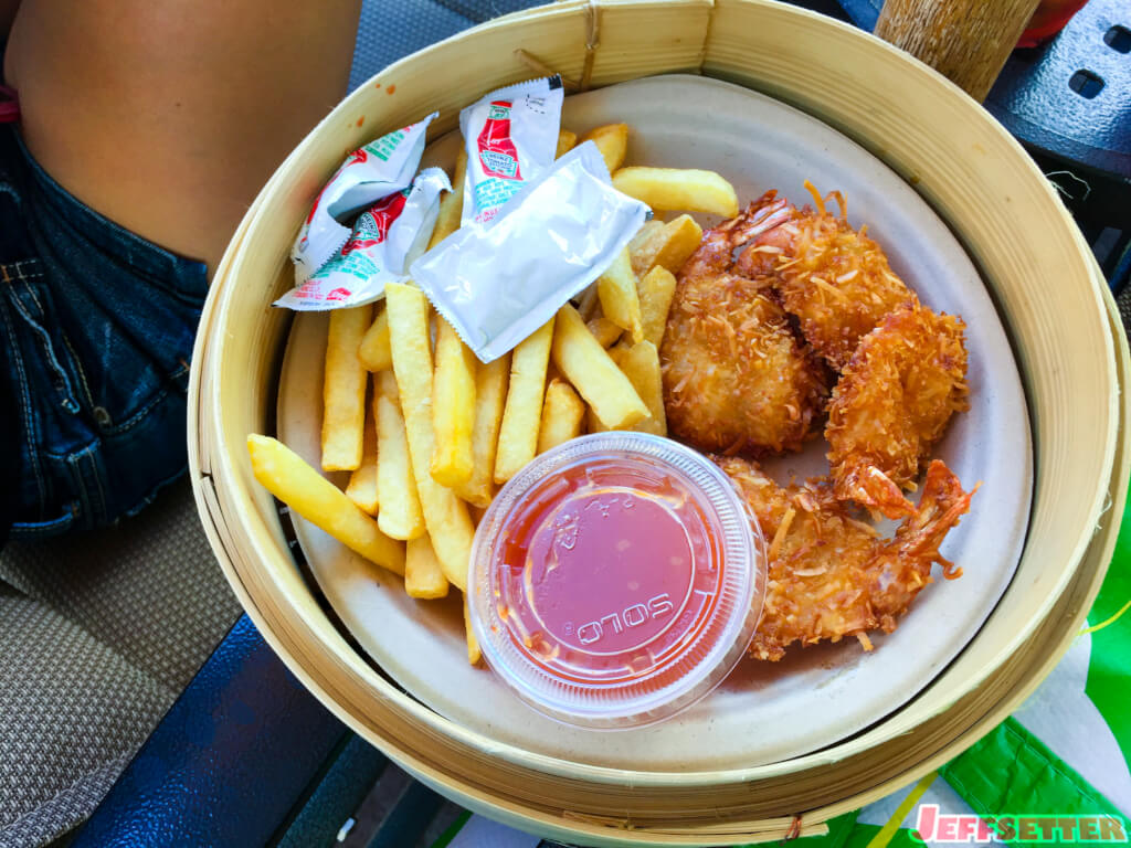 Coconut shrimp with fries and sweet chili sauce. Pro tip: head over to Mama