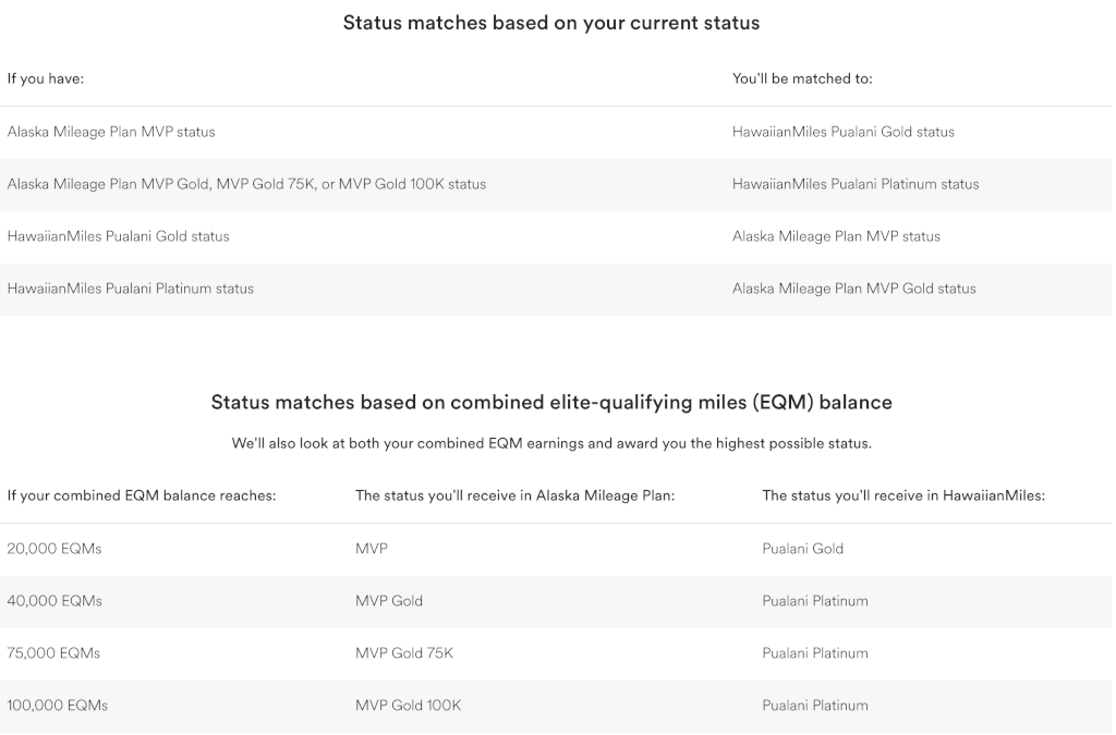 HawaiianMiles Changes We Know of So Far - status matching chart