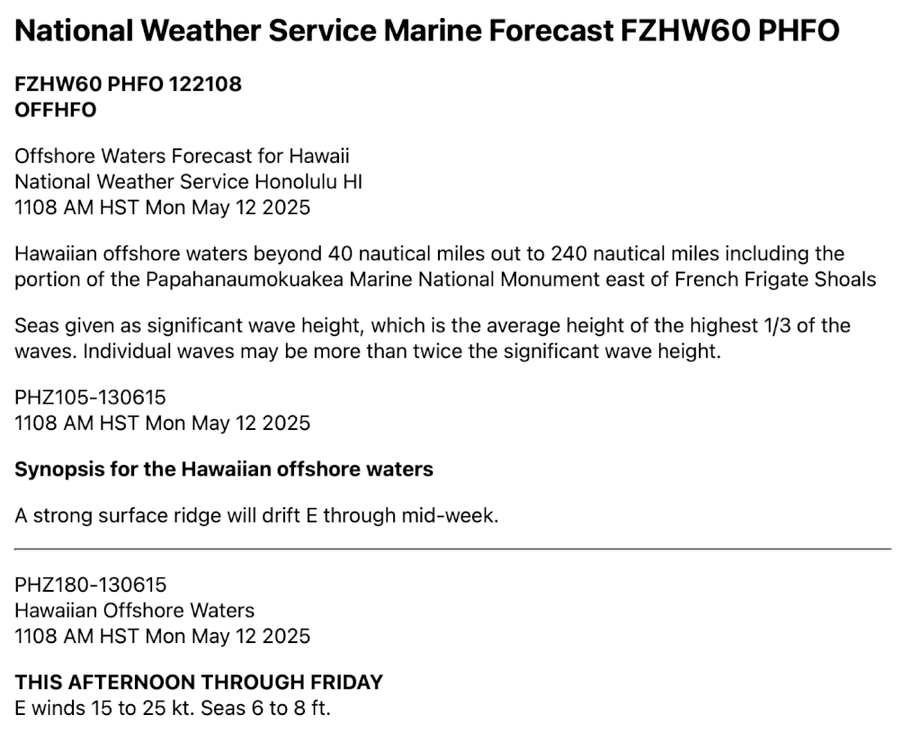 NOAA offshore forecast as it pertains to the fact that Regent Seaglider performance comes into focus