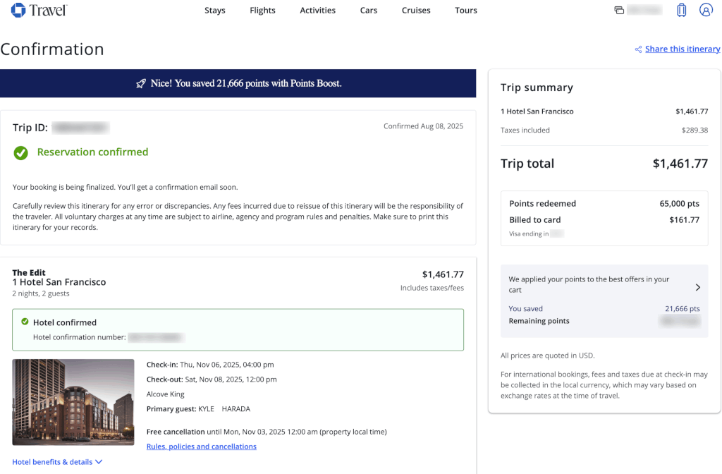 1 Hotel SF booking confirmation