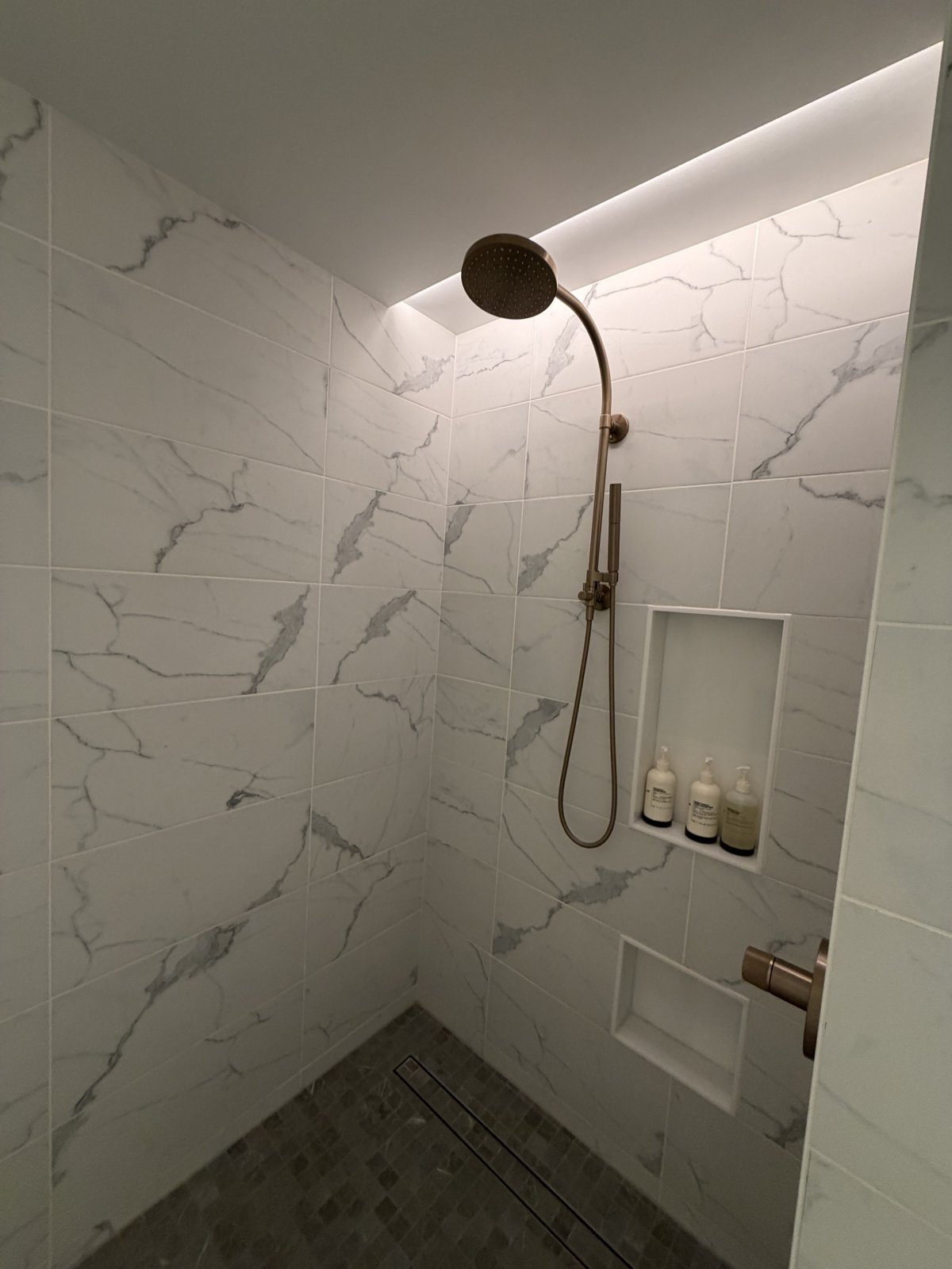The marble walk-in shower