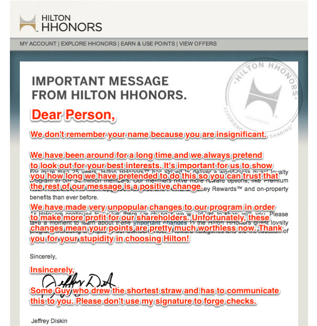 Hilton Honors Sarcastic Note