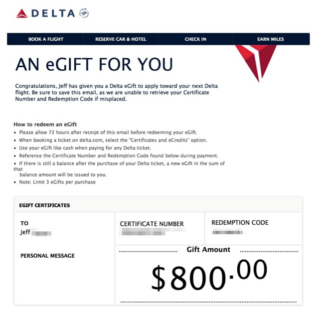 Delta eGift Receipt