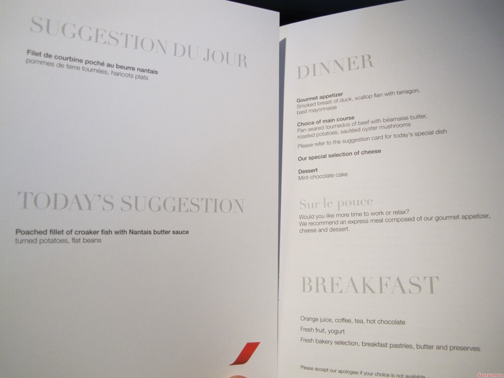 International Business Class Food Menu