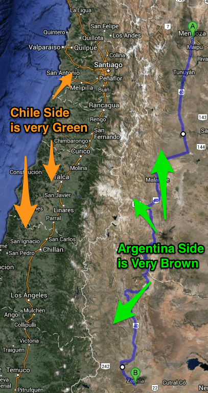 Overhead Map of Andes Mountains in Chile and Argentina