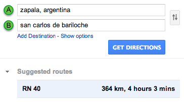 Time from Zapala to Bariloche