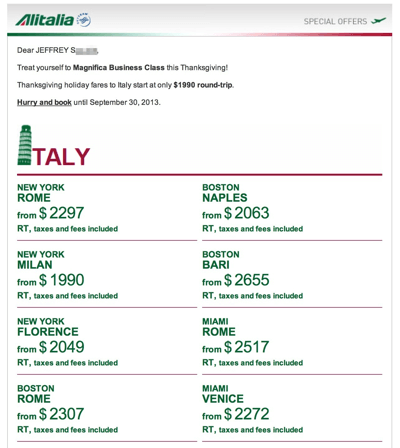 Alitalia Business Class Fare Deal