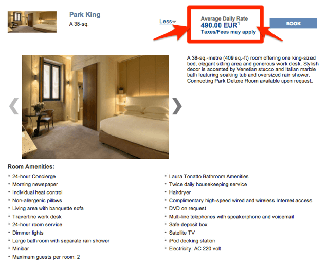 Park Hyatt King Bed Euro Price