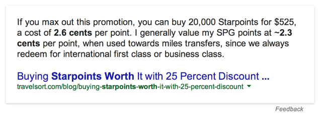 Starpoints Value Search Result