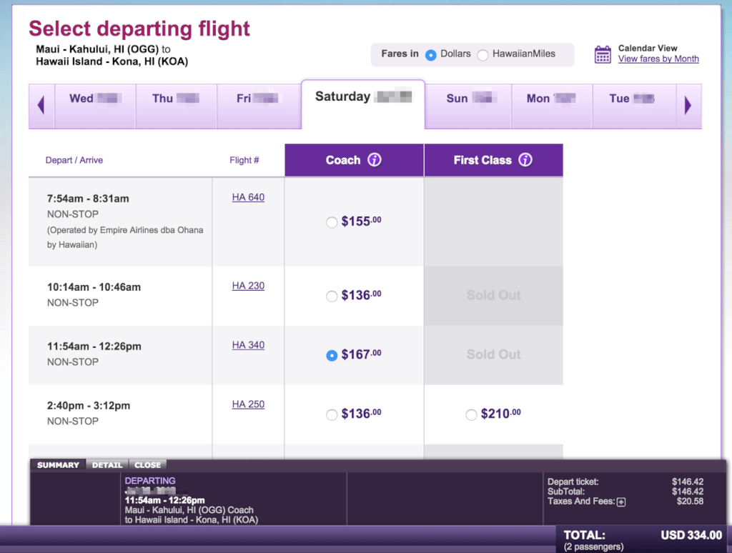 Cash Rates for Hawaiian Flight