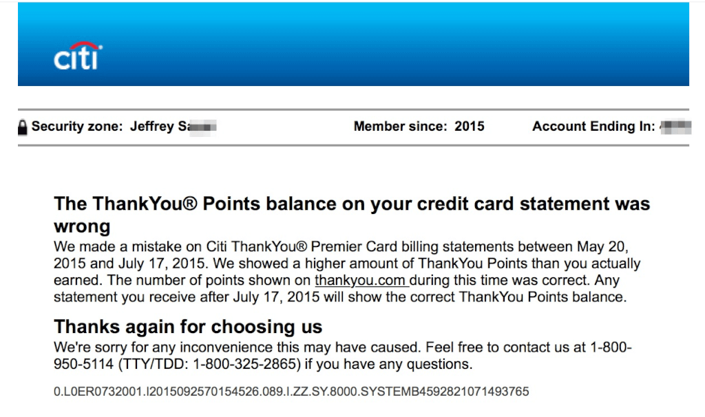 Citi Point Balance was Wrong