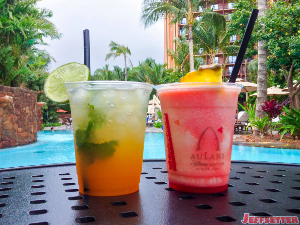 Beverages. Adults in the plain cup, virgin in the logo cup. Mango mojito + virgin lava flow.