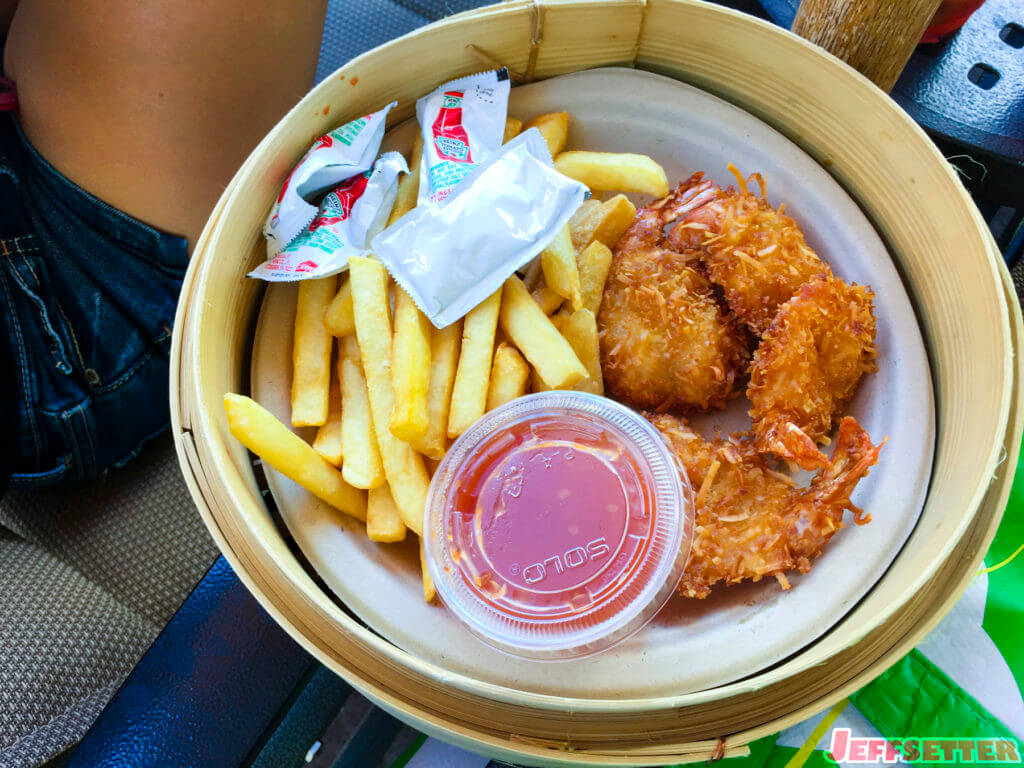 Coconut shrimp with fries and sweet chili sauce. Pro tip: head over to Mama's Snack Shop to order this and save yourself $3.