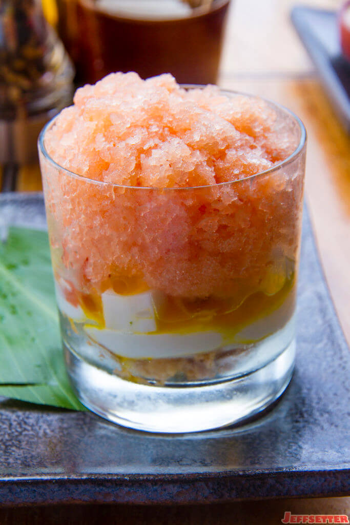 Tropical "Shave Ice" Parfait, White Chocolate Crunch, Haupia Cream Liliko'i Pearls, Vanilla Ice Cream and Guava Granita - Lunch