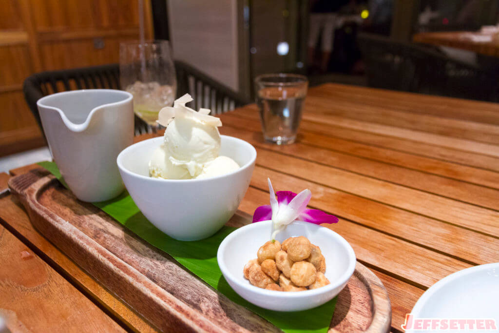 Coconut Sundae. Coconut ice cream, chocolate sauce, coconut cake, macadamia