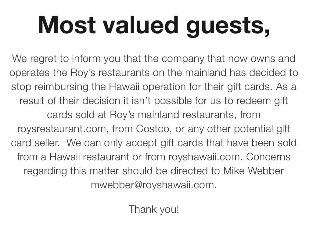 Roy's Restaurant Gift Cards No Longer Work in Hawaii