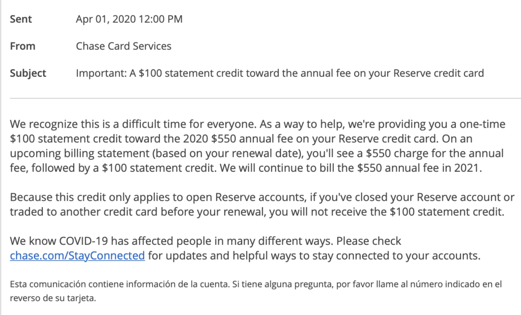 Chase is Providing a CSR Annual Fee Credit