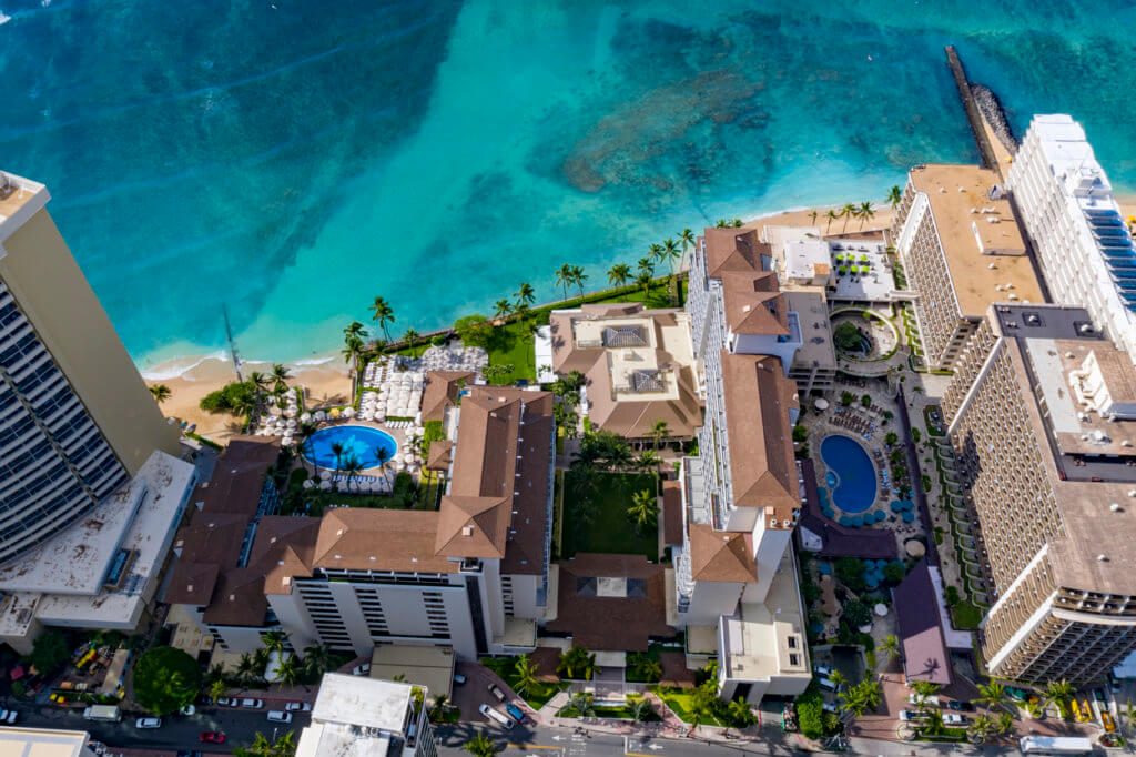 aerial view of the Outrigger Reef Waikiki Beach Resort