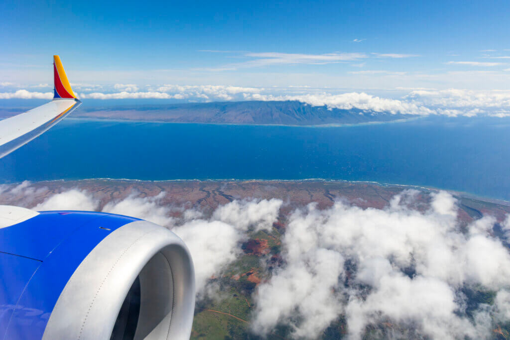 View from Southwest flight looking over Molokai and Lanai