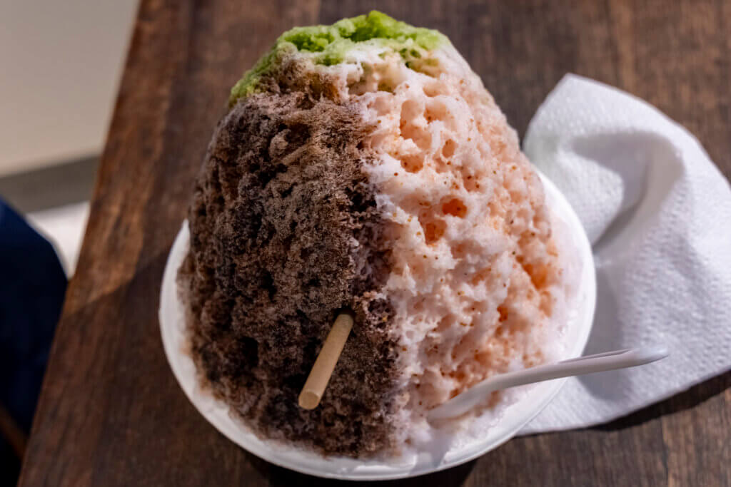 Chillest Shave Ice strawberry milk, Japanese grape, matcha