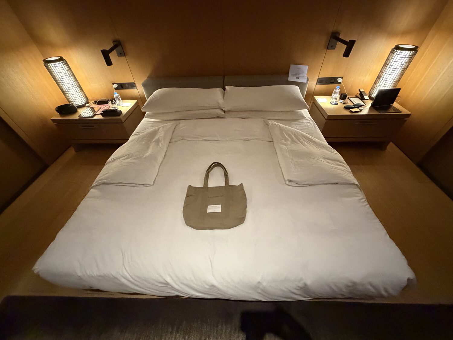 The bed after turndown service.
