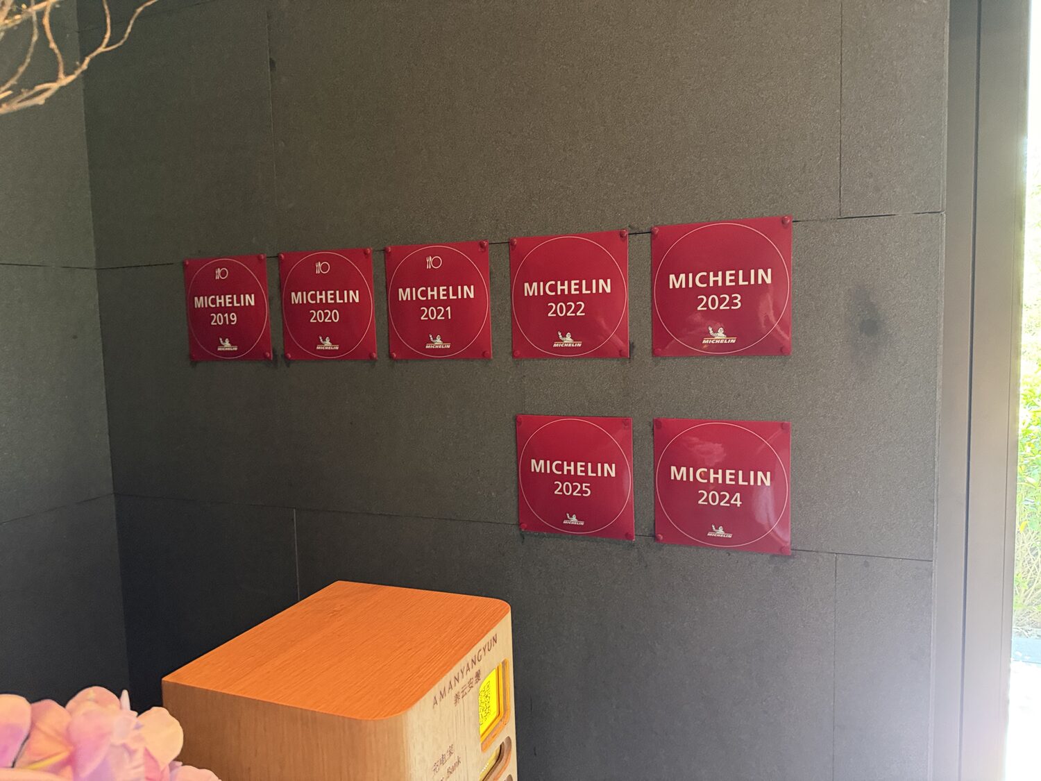 Arva's Michelin Guide plaques, 2019 through 2025.