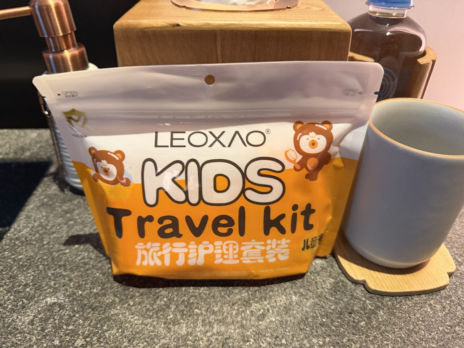 A kids' travel kit in the bathroom.