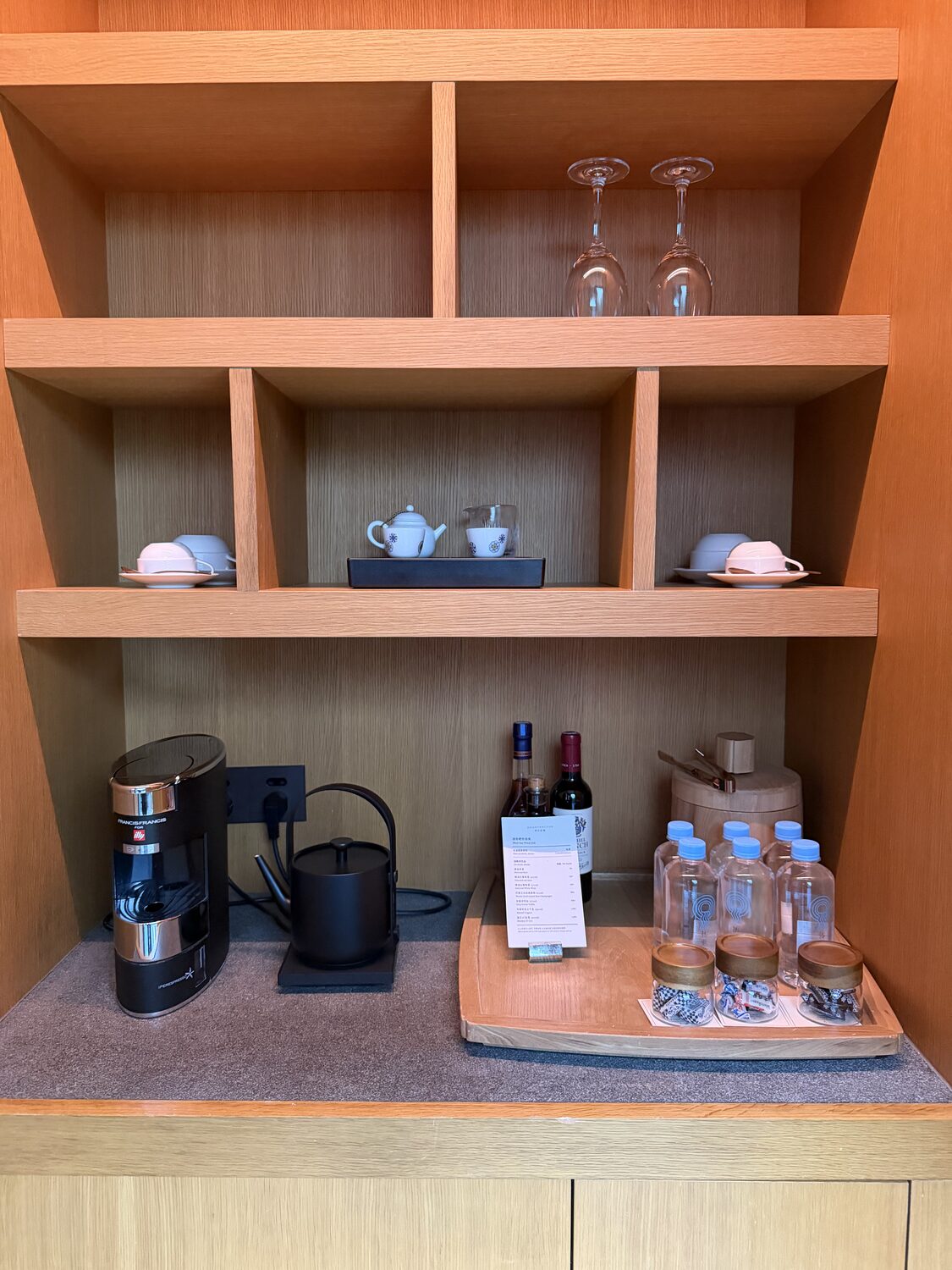 Coffee machine, kettle, glassware, water.